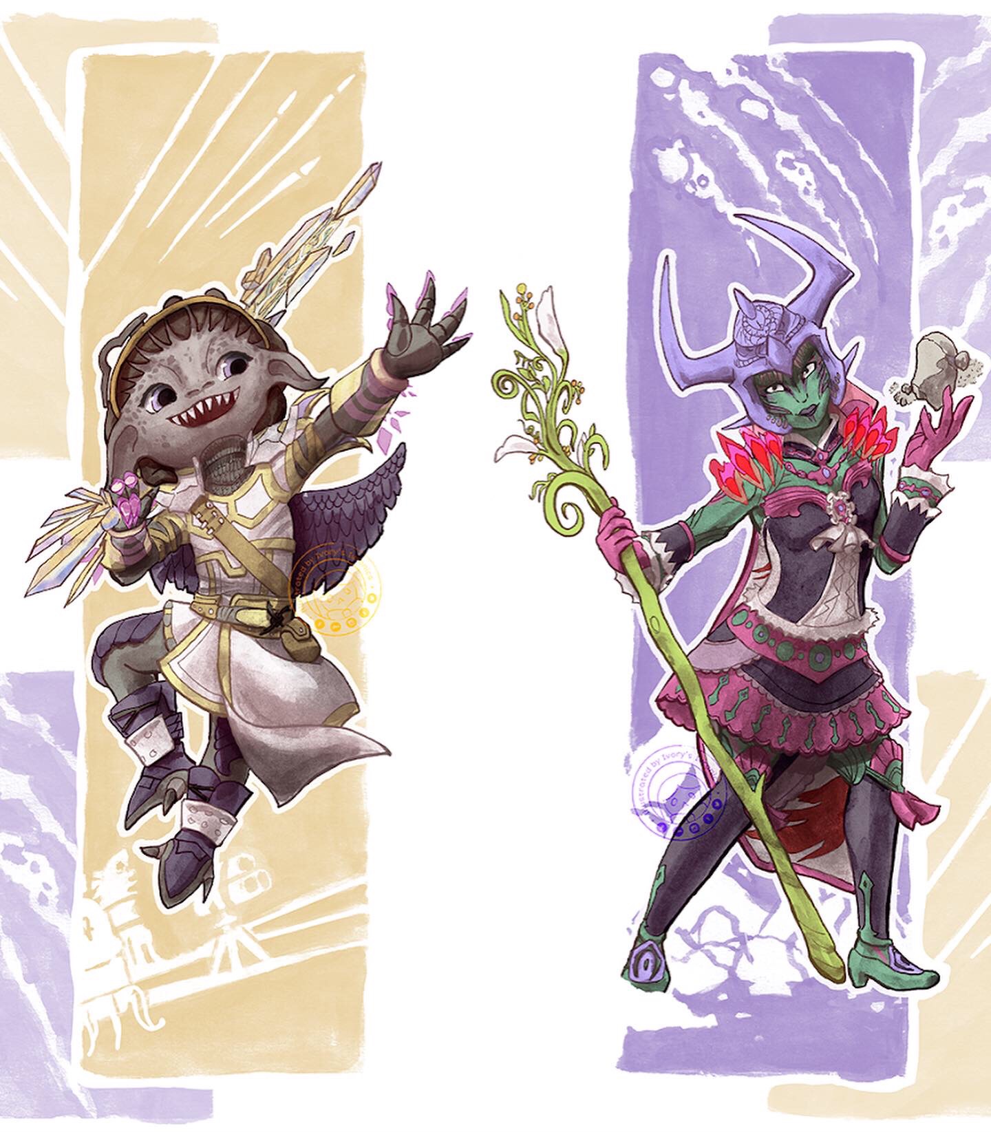 Original digital full body illustrations of custom Guild Wars 2 characters: Cera Ssu (left) and Sprinetta (right).